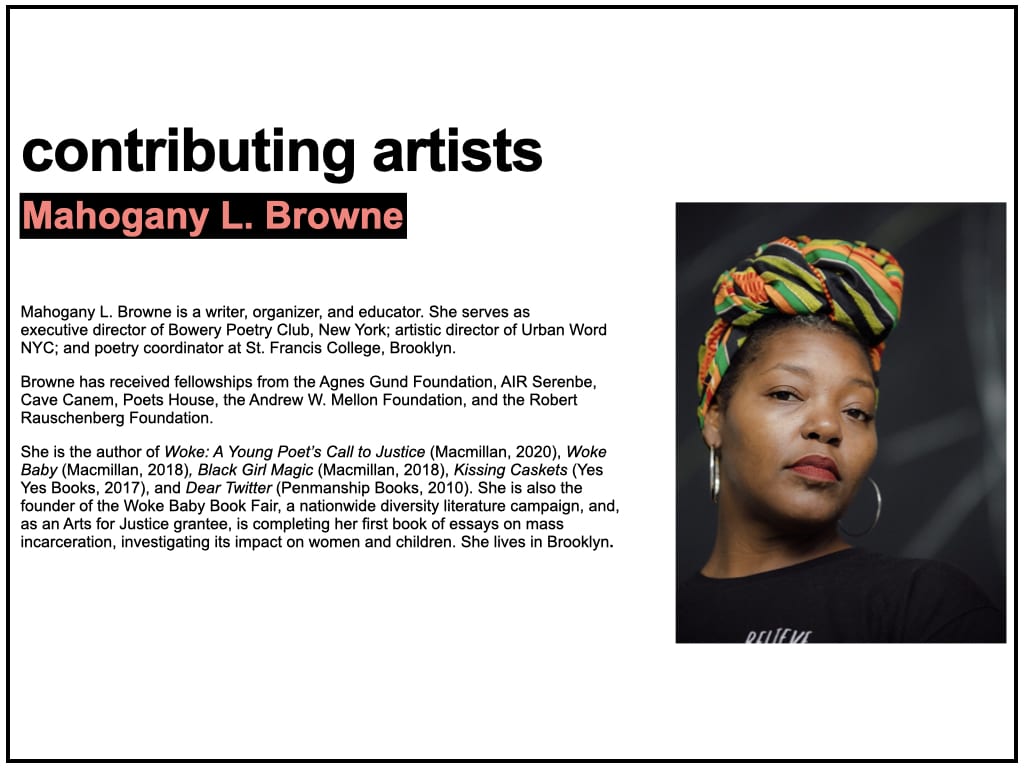 Biography text for Mahogany L. Browne, accompanied by a color portrait photograph of the artist