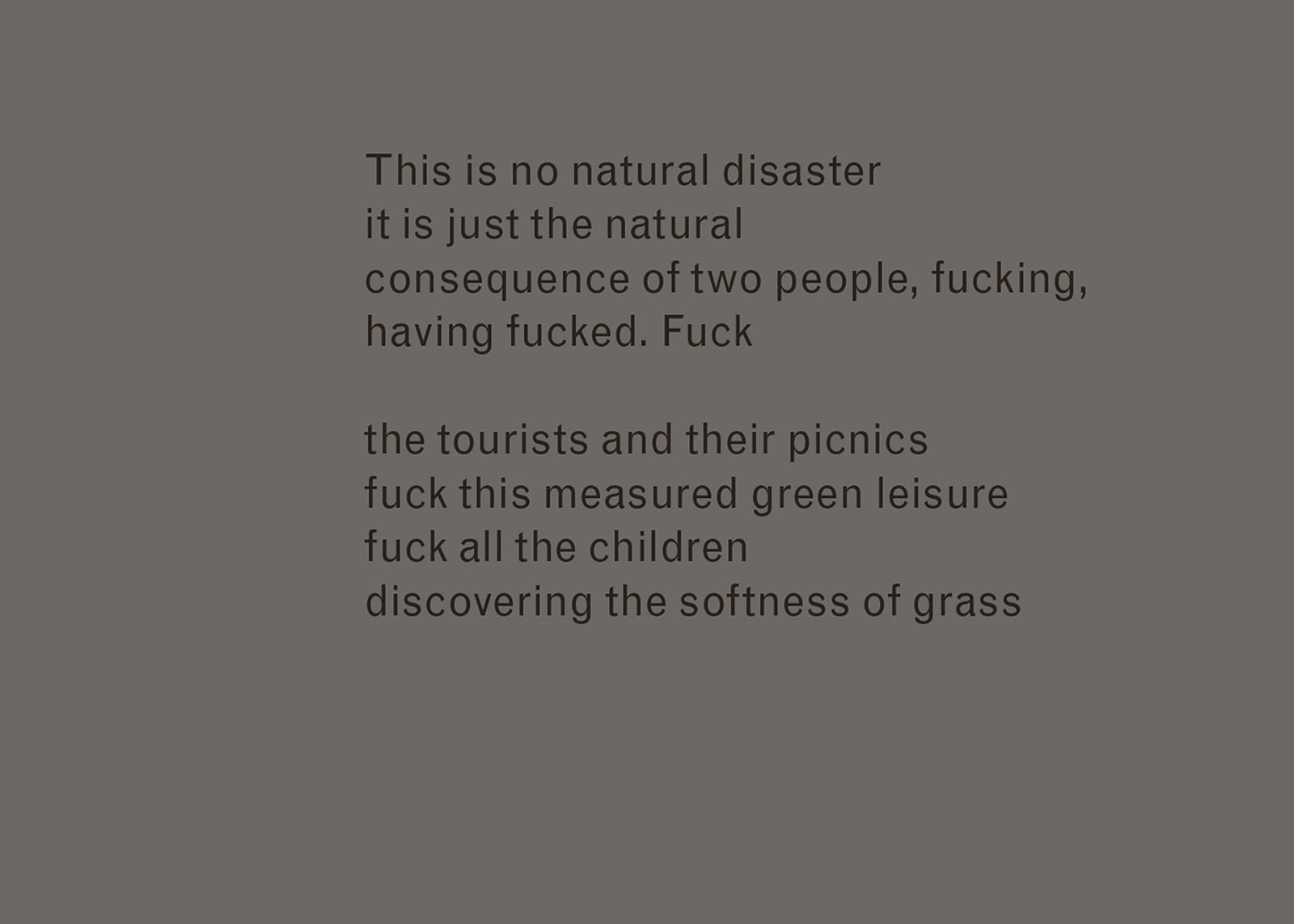 Excerpt of text from Imaginary Explosions. Text reads: This is no natural disaster / it is just the natural / consequence of two people, fucking, / having fucked. Fuck / the tourists and their picnics / fuck this measured green leisure / fuck all the children / discovering the softness of grass