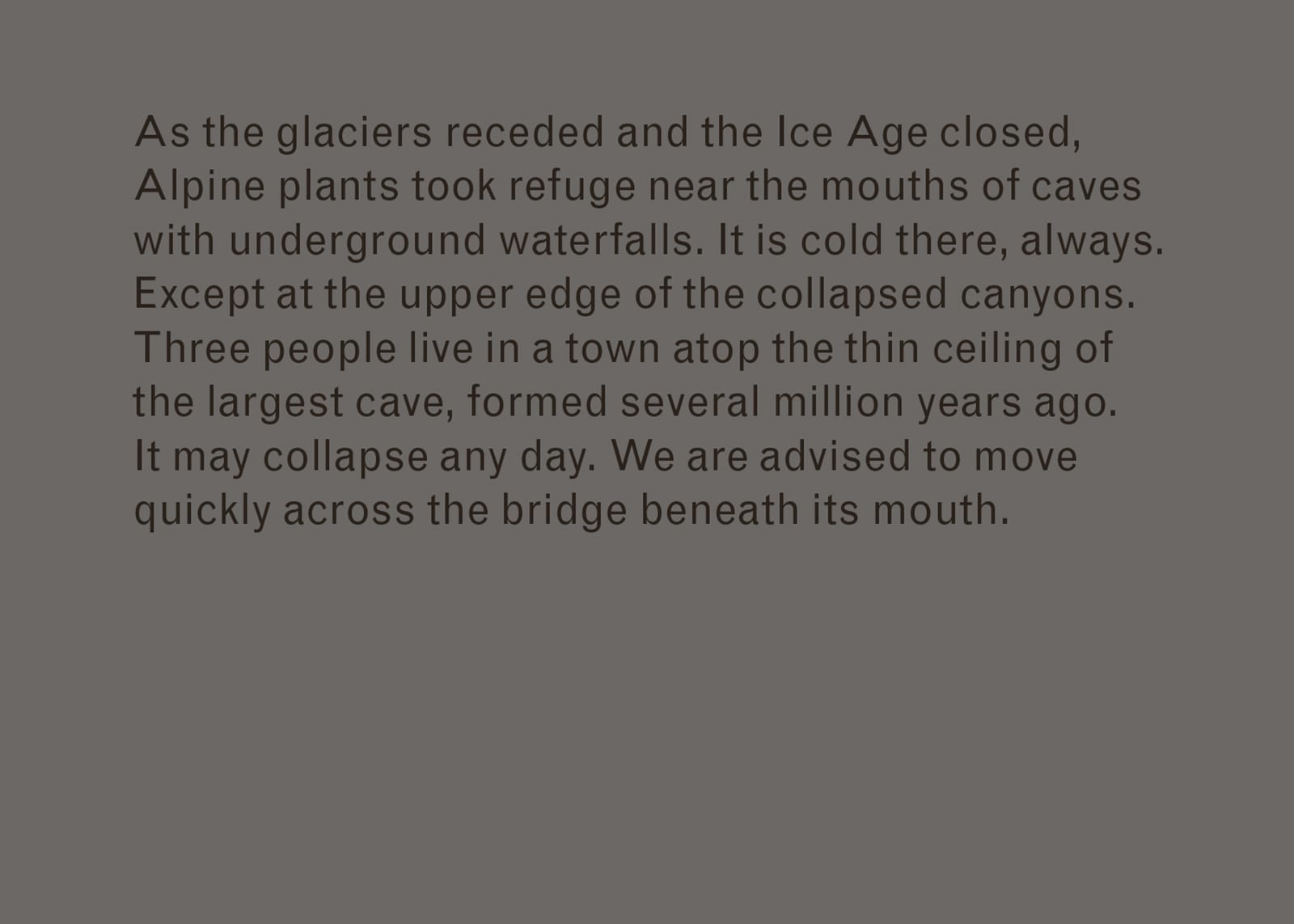 Excerpt of text from Imaginary Explosions. Text reads: As the glaciers receded and the Ice Age closed, Alpine plants took refuge near the mouths of caves with underground waterfalls. It is cold there, always. Except at the upper edge of the collapsed canyons. Three people live in a town atop the thin ceiling of the largest cave, formed several million years ago. It may collapse any day. We are advised to move quickly across the bridge beneath its mouth.