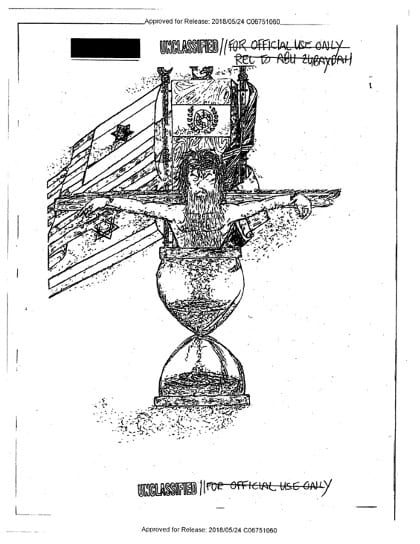 A photocopy of a line drawing with evidence release information coded at the top and bottom. The image depicts Abu Zubaydah hanging from a cross disintegrating into a large hourglass, with flags both unfurling and blowing on either side of the cross.
