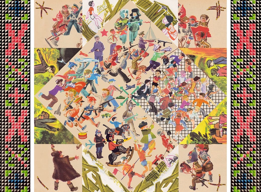 Color image of a collage of Russian alphabet primer illustrations showing children engaged in various forms of war games. A traditional Moldovan embroidery pattern borders the left and right of the image.