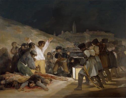 An oil painting showing the execution of Spanish men by a French-troop firing squad. The painter has used a dramatic contrast, showing the French troops in shadow and spotlighting the Spanish men being executed. Some of the Spanish men cover their eyes, while the central figure, who wears a bright white shirt, stands with arms raised.