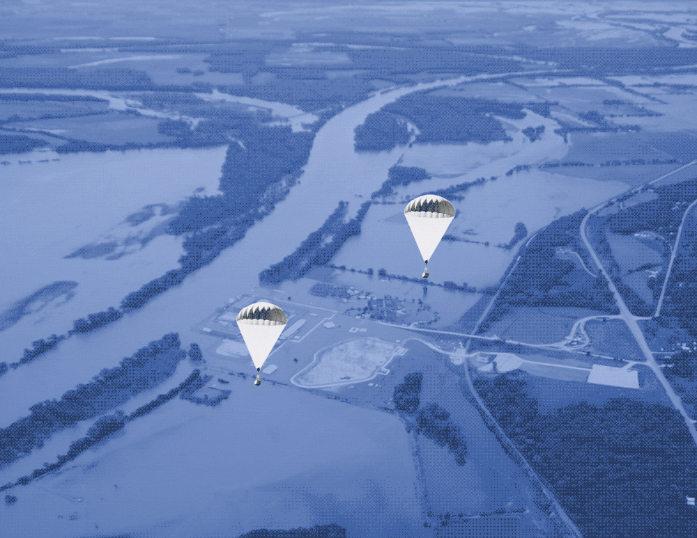 Animated GIF of black-and-white photos of beaver boxes being parachuted in, over collage of various beaver-related headlines and blue images of rivers overflowing.