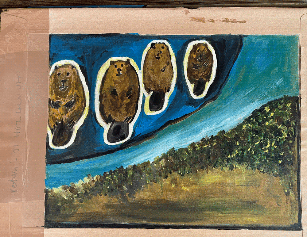 Animated color painting of four beavers that appear as though they are floating in the sky above a forest. They keep popping in and out of the painting by turn, leaving black holes in their places.