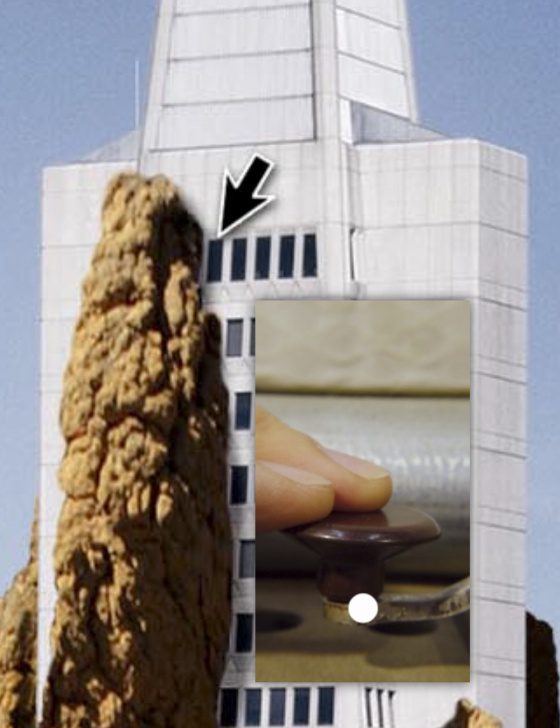 Thumbnail of an iframe that links out to a dynamic digital project by Jeremiah Barber. Primary image is a full-color collage of the Transamerica Building in San Francisco entwined / taken over by a termite mound, with a mouse cursor hovering over it, revealing a pop-up video of two fingers pressing a lever.