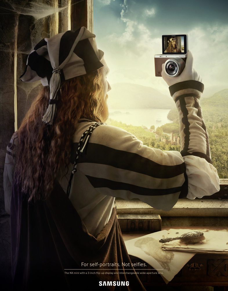 The Leo Burnett Advertising Agency re-created a Dürer self-portrait. In this version, however, the viewer sees Dürer from behind holding up a Samsung NX Mini Camera. In the camera's digital screen, we see the famous self-portrait of Dürer that is now in the Prado Museum.