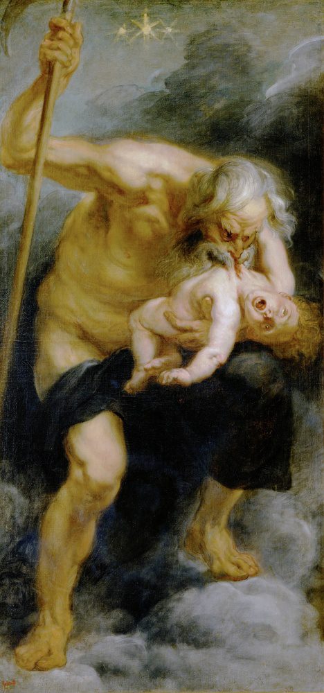 Rubens paints Saturn as an old man in a loincloth who begins to consume his son. The boy looks terrified.