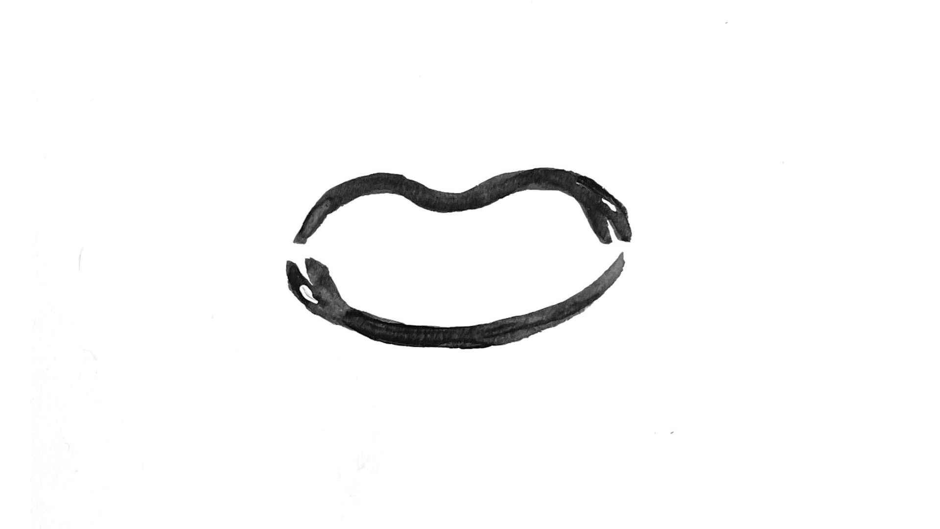 Animated gif of a line drawing of an eye morphing into an image of two snakes laid flat in the shape of a mouth