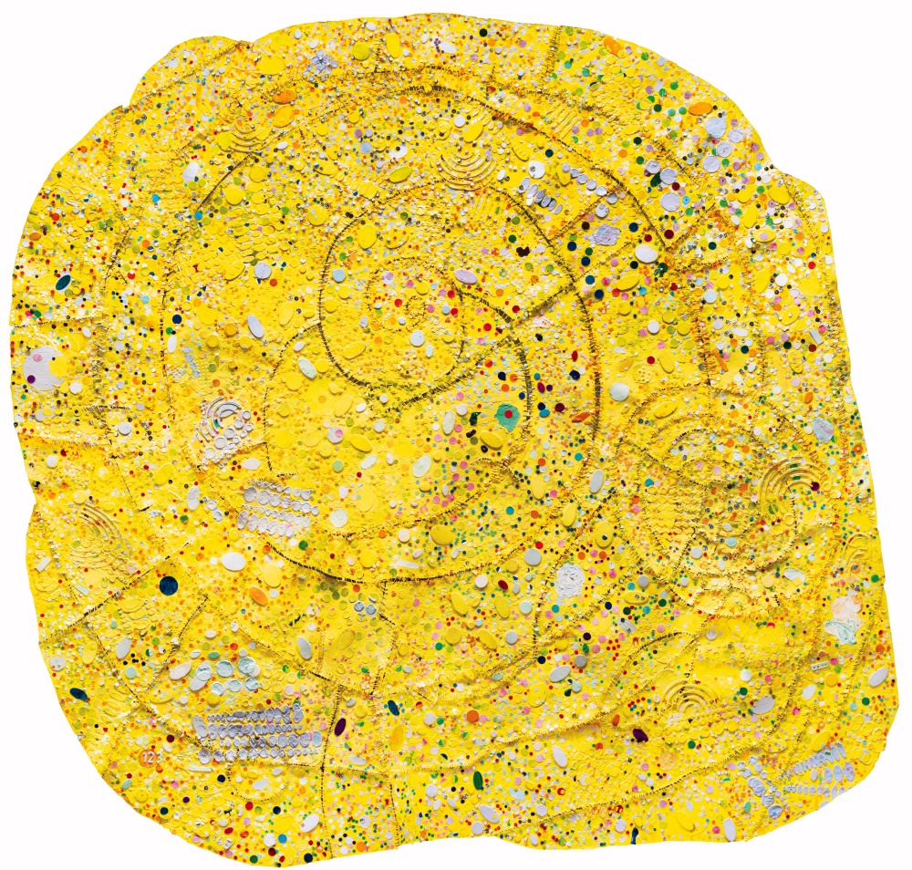 a yellow artwork by Howardena Pindell