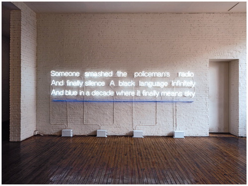 A neon light artwork on a wall.
Sable Elyse Smith, Landscape V, 2020, neon, 80 × 198 × 8 in. (203.2 × 502.9 × 20.3 cm), installation view, Marking Time: Art in the Age of Mass Incarceration, MoMA PS1, New York, 2020–21 (photograph by Kris Graves, provided by MoMA PS1)