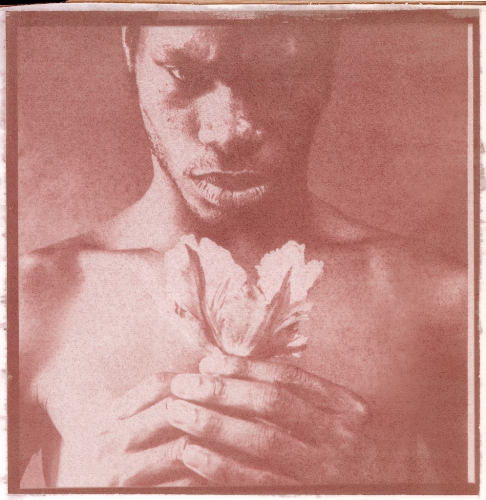Red image of man holding a flower from the chest up