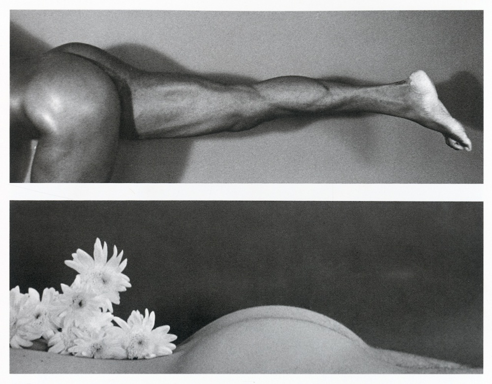 Image of extended legs over image of white flowers