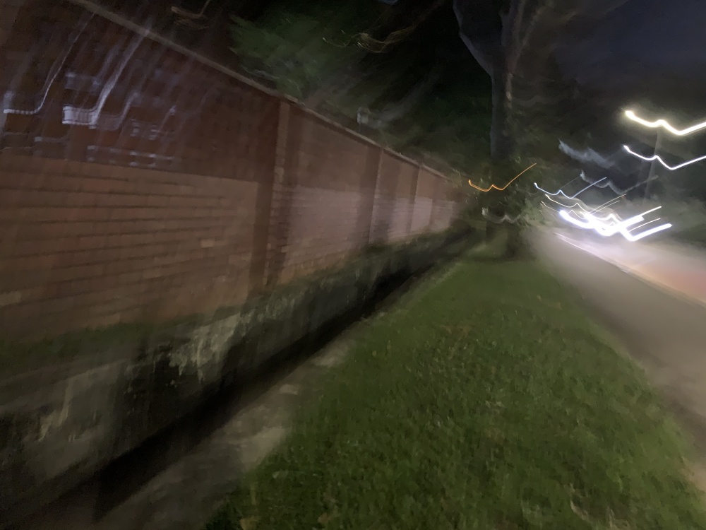 Blurry night image of a red brick wall next to a narrow strip of green grass, with bright lines from the lights of vehicles and street lights.
