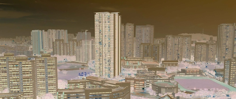 Negative image of a skyline featuring skyscrapers in the top half and trees in the bottom half.