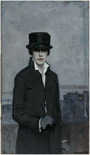 Painted in the desaturated palette of dusk, a white Parisian woman wears a top hat, suit jacket, and cane and peers at the viewer from under the brim of her hat.