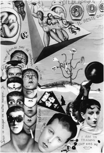 A collage of drawings and photographs against a grey background . There are eleven heads on the stack and six more in other parts of the montage.