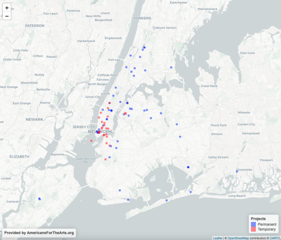 Map with blue and red dots that indicate the locations of public art projects in the New York City area.