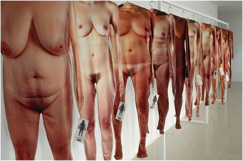 Elastic full body suits with prints of naked female bodies displayed on hangers. A tag with a female body is attached to each suit.