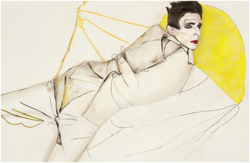 A male figure lying, wrapped in a white straightjacket. Distant gaze. Face covered in white paint or makeup and red lipstick.