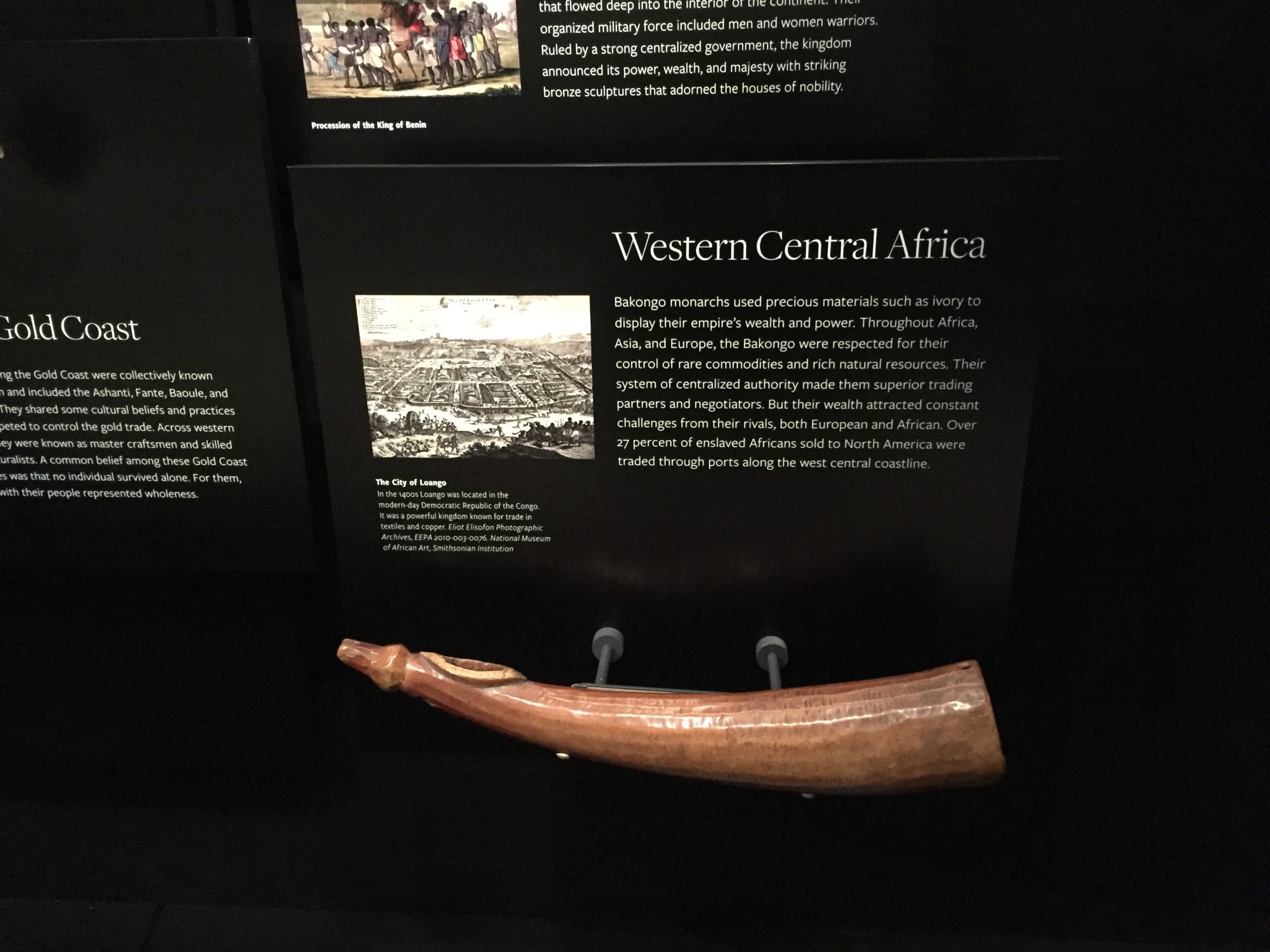 National Museum for African American History and Culture, Smithsonian Institution, Washington D.C., 2019. "Trading to Traded" in the History galleries. An ivory Oliphant (trumpet) in the foreground