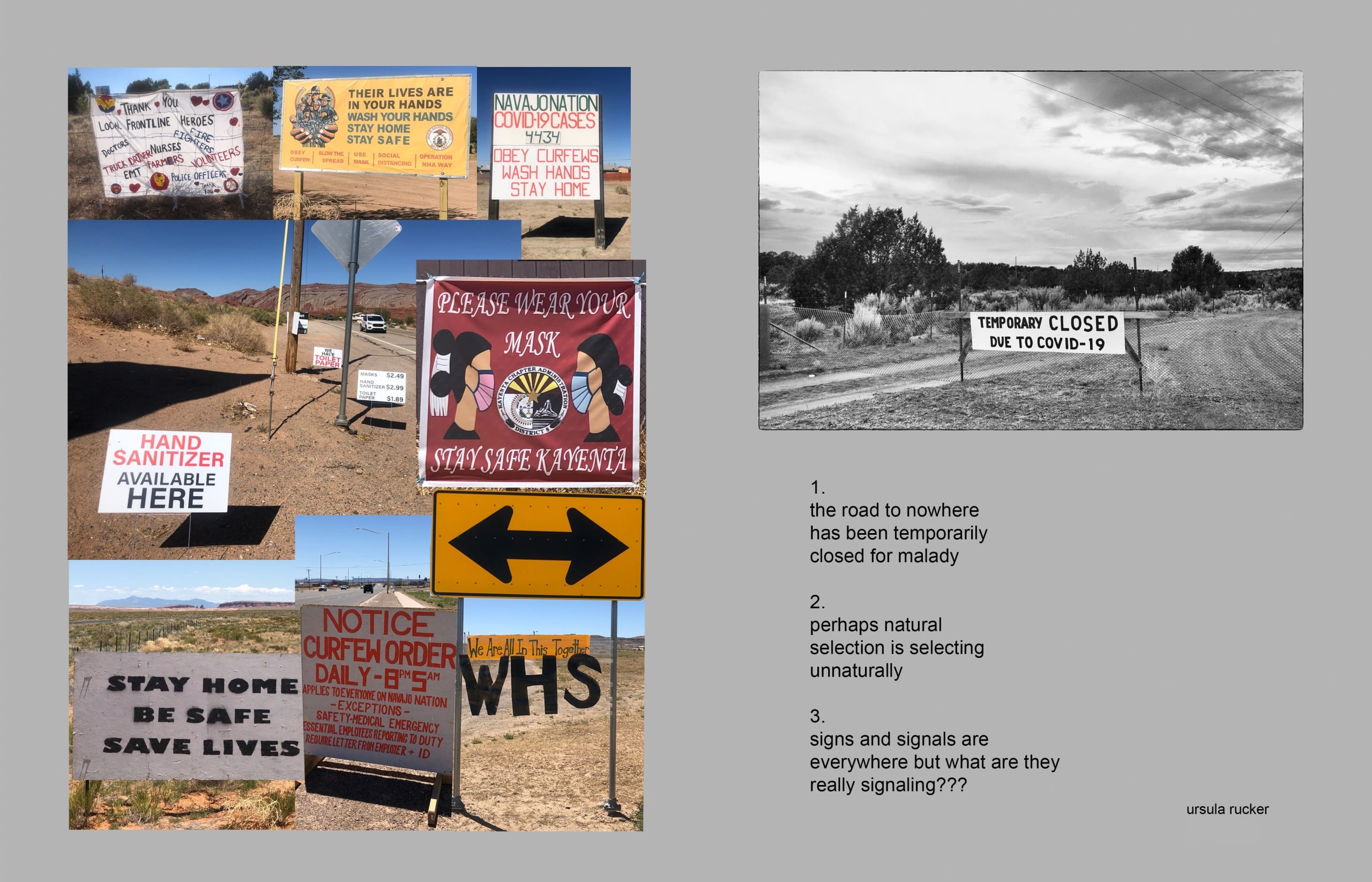 To the left, a photo-collage showing handmade road signs promoting COVID-19 awareness; to the right, photo of a rural, closed road. The sky looms large and a hand-painted sign reads “Temporarily Closed due to COVID-19”; a poem is printed below the photograph