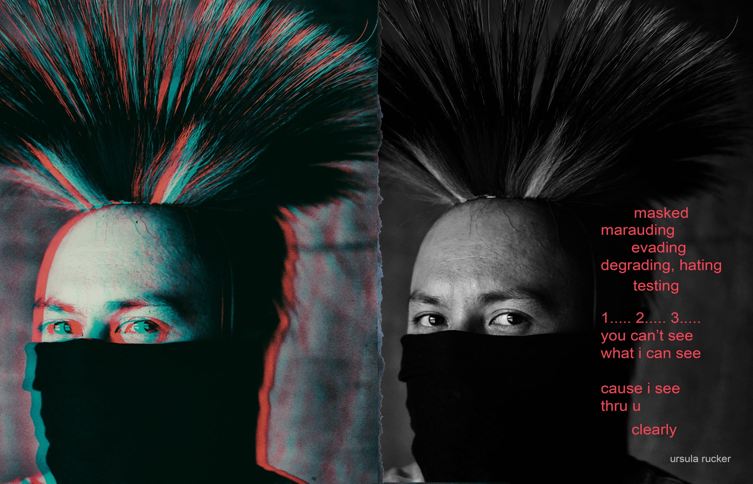 Doubled image of a young Indigenous man wearing a grass dancer’s roach and a black cloth mask pulled up to just below his eyes; image on left is color separated, so it appears as "3-D;" a poem appears in red text on the right side of the spread