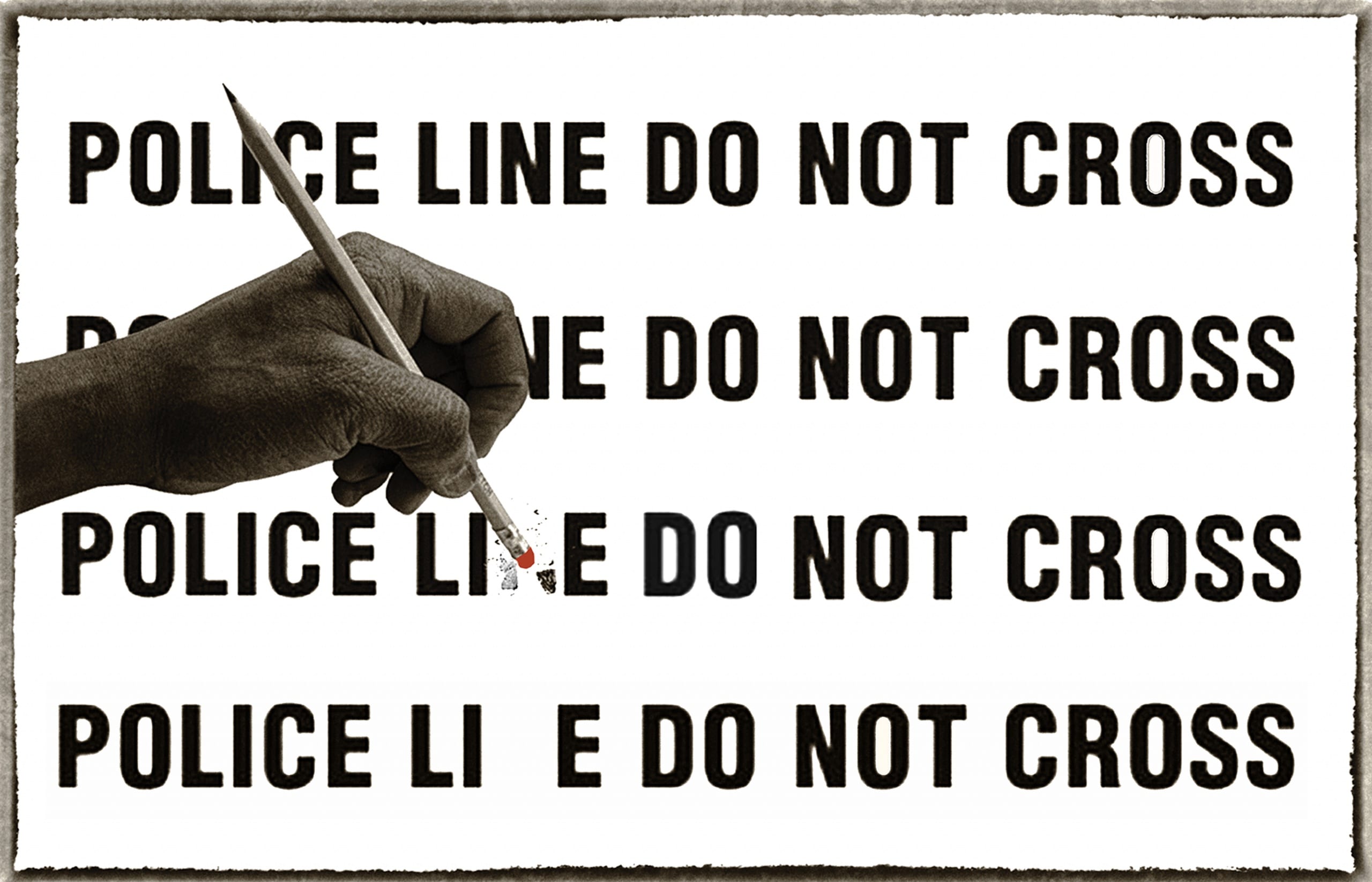 Photo collage: a hand in the foreground uses a pencil eraser to amend four bold lines of text behind it so, that the phrase "Police Line Do Not Cross" is transformed into "Police Lie Do Not Cross"