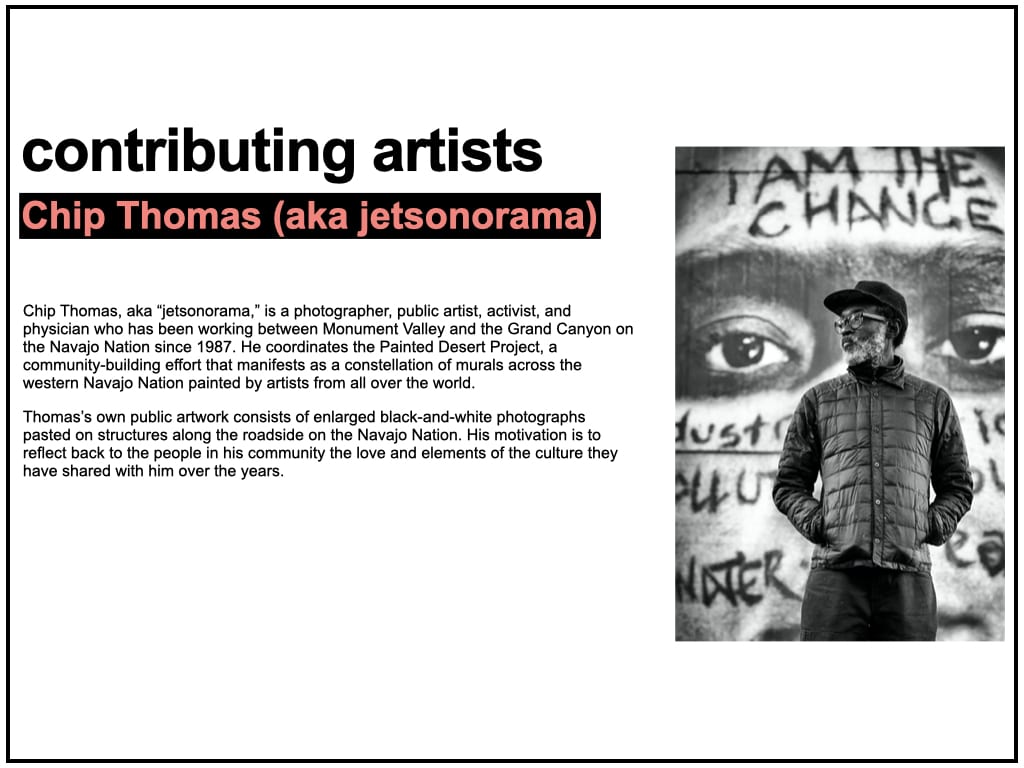 Biography text for Chip Thomas (aka jetsonorama), accompanied by a black and white portrait photograph of the artist