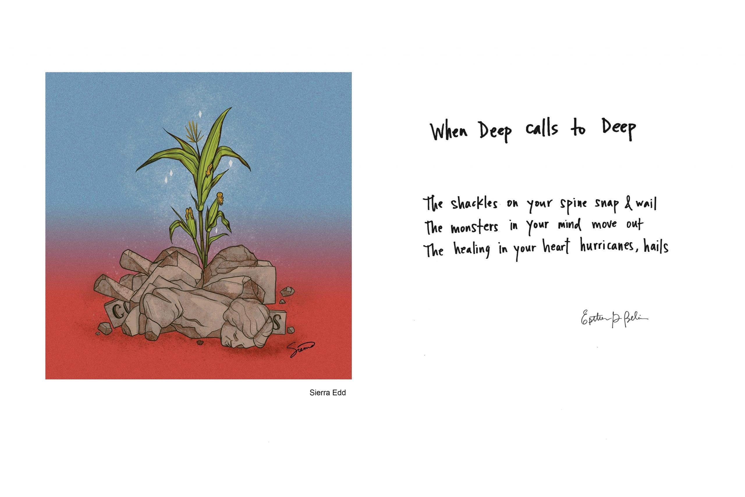 To the left is a color drawing of a stalk of corn growing from a pile of rocks; to the right is a handwritten poem