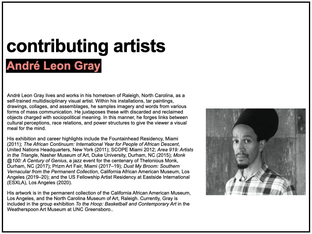 Biography text for André Leon Gray, accompanied by a black and white portrait photograph of the artist