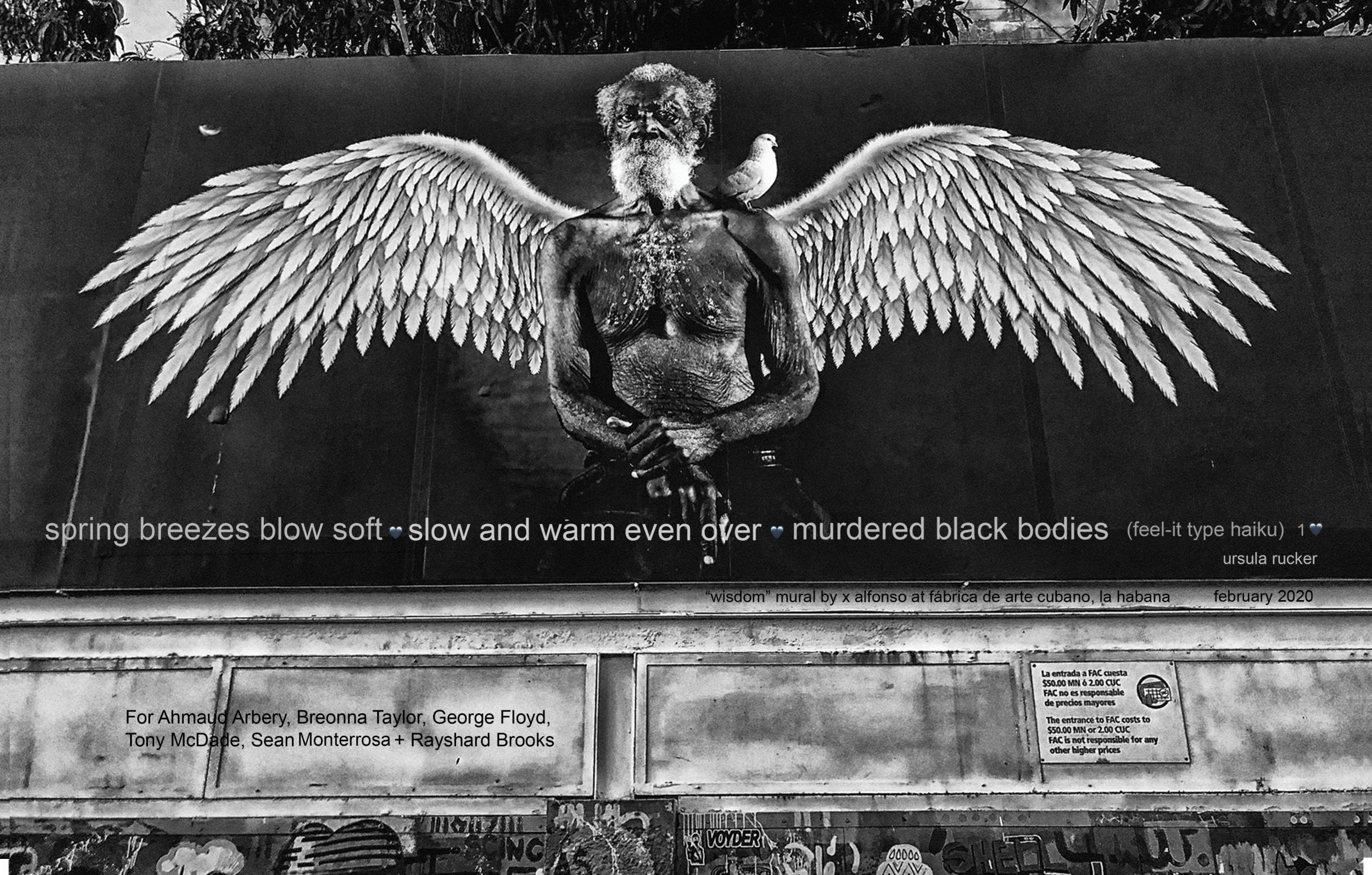 Black-and-white photo of a large mural of an elderly Black man, facing the viewer and winged like an angel. A dove sits on the man's left shoulder. A poem is superimposed over the bottom third of the image
