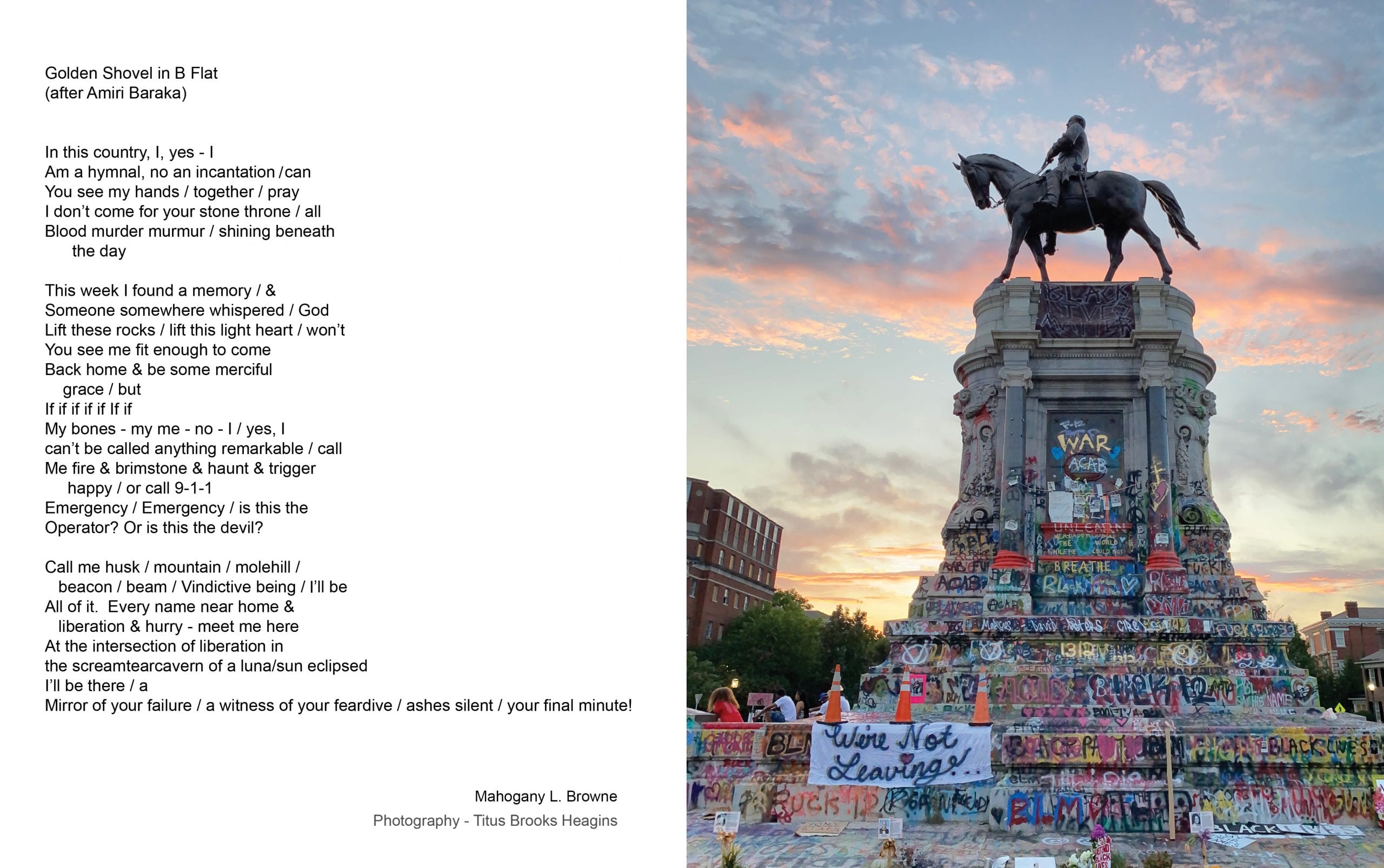 A poem appears on the left; on the right, color photograph of a Confederate monument at dusk. The monument has been painted over with colorful graffiti in protest against its presence and in favor of the Black Lives Matter movement