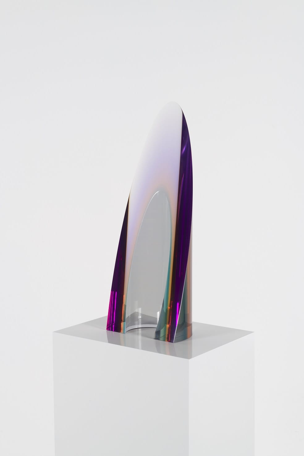 A Fred Eversley sculpture in a multicolored, parabolic shape.