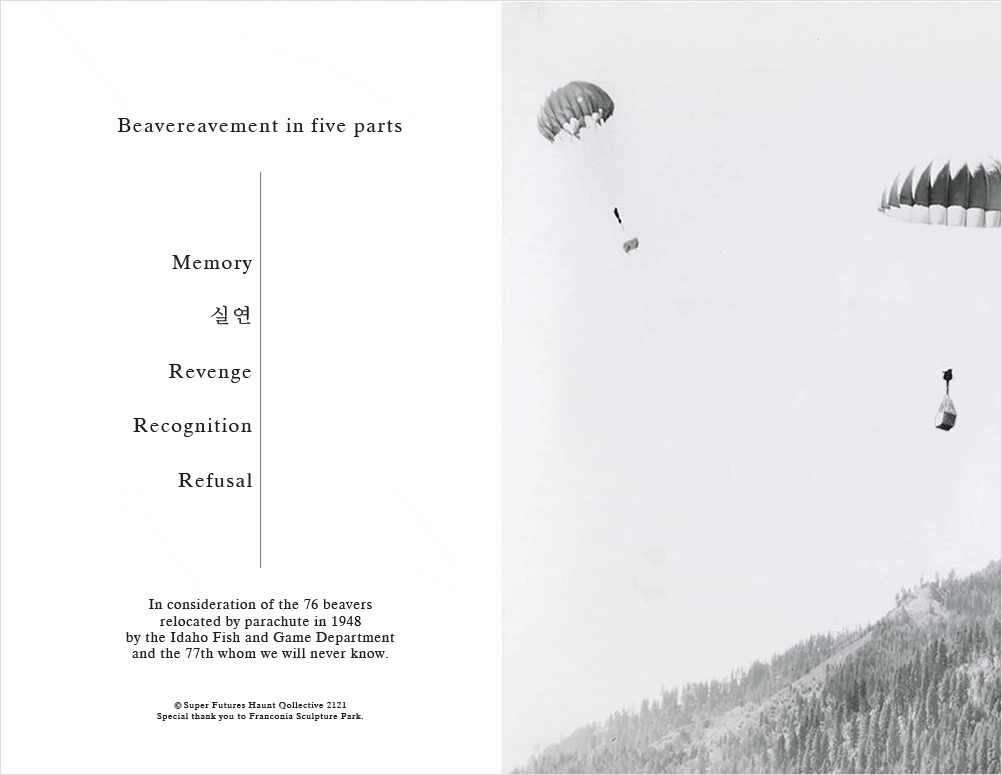 Animated GIF: in a black-and-white image, parachutes drop boxes into the wilderness. On the left, text reads “Beavereavement in five parts: Memory, 실연 (pronounced sheel-ryun; definition: heartbreak, loss after love), Revenge, Recognition, Refusal, in consideration of the 76 beavers relocated by parachute in 1948 by the Idaho Fish and Game Department and the 77th whom we will never know.”