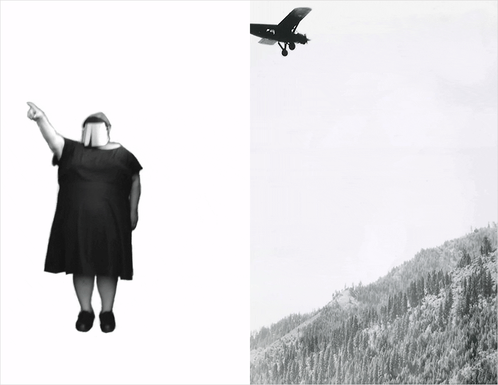 2-page layout. To left, black-and-white photo of a masked figure wearing a black dress pointing up to the sky; to right, black-and-white animated image of a plane and parachutes flying above the wilderness.