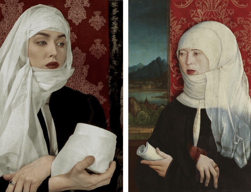 On the left, a woman in three-quarters view with crossed wrists holds a roll of toilet paper. She wears a toilet paper headdress and make-up to resemble Bernhard Strigel's Portrait of Martha Thannstetter. On the right is Strigel's actual painting, showing a woman in three-quarters view with crossed wrists holds a scroll. She wears a cloth headdress that covers her hair.