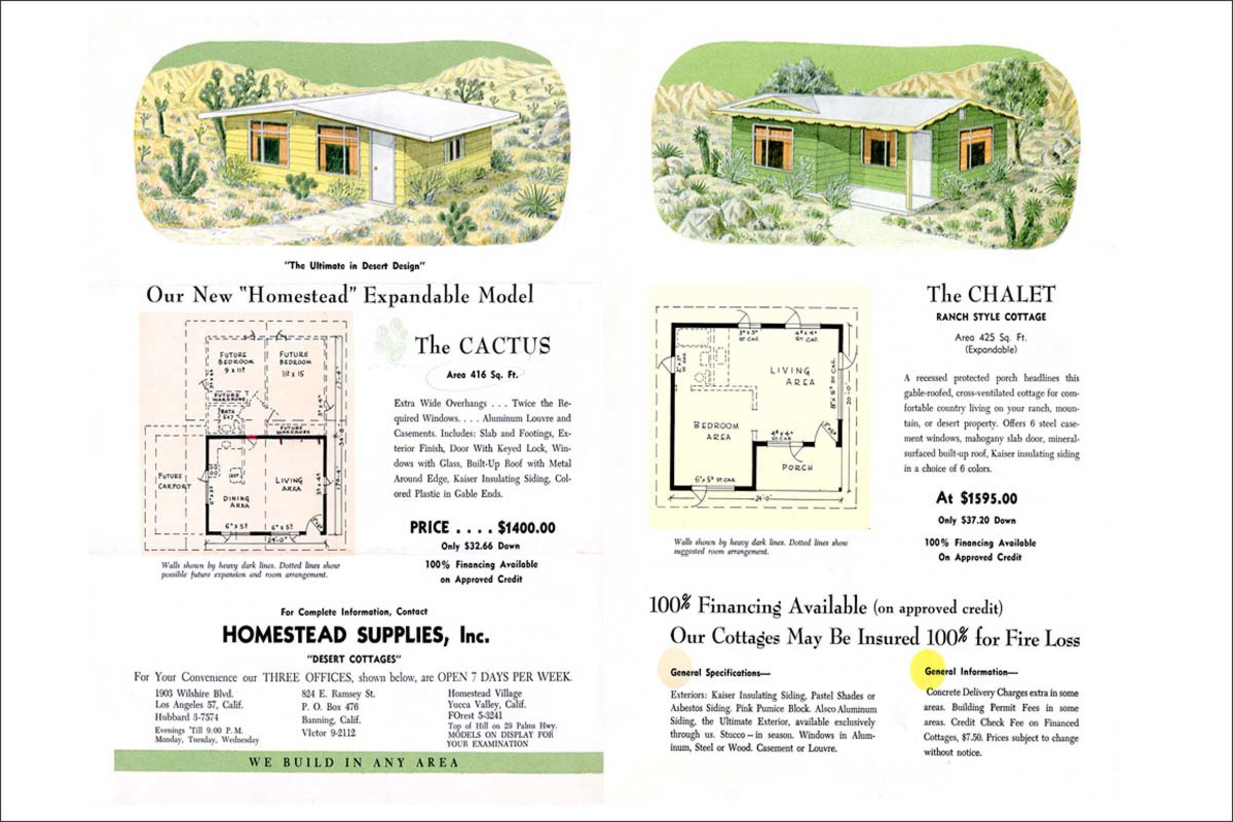 A midcentury advertisement for prefabricated homestead cabins, including illustrations and floor plans for two available models.